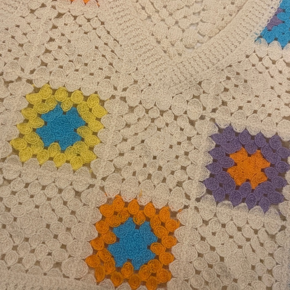 Rebellion V-Neck Crochet Sweater Vest - Cream with Colorful Accents - Picture 8 of 10